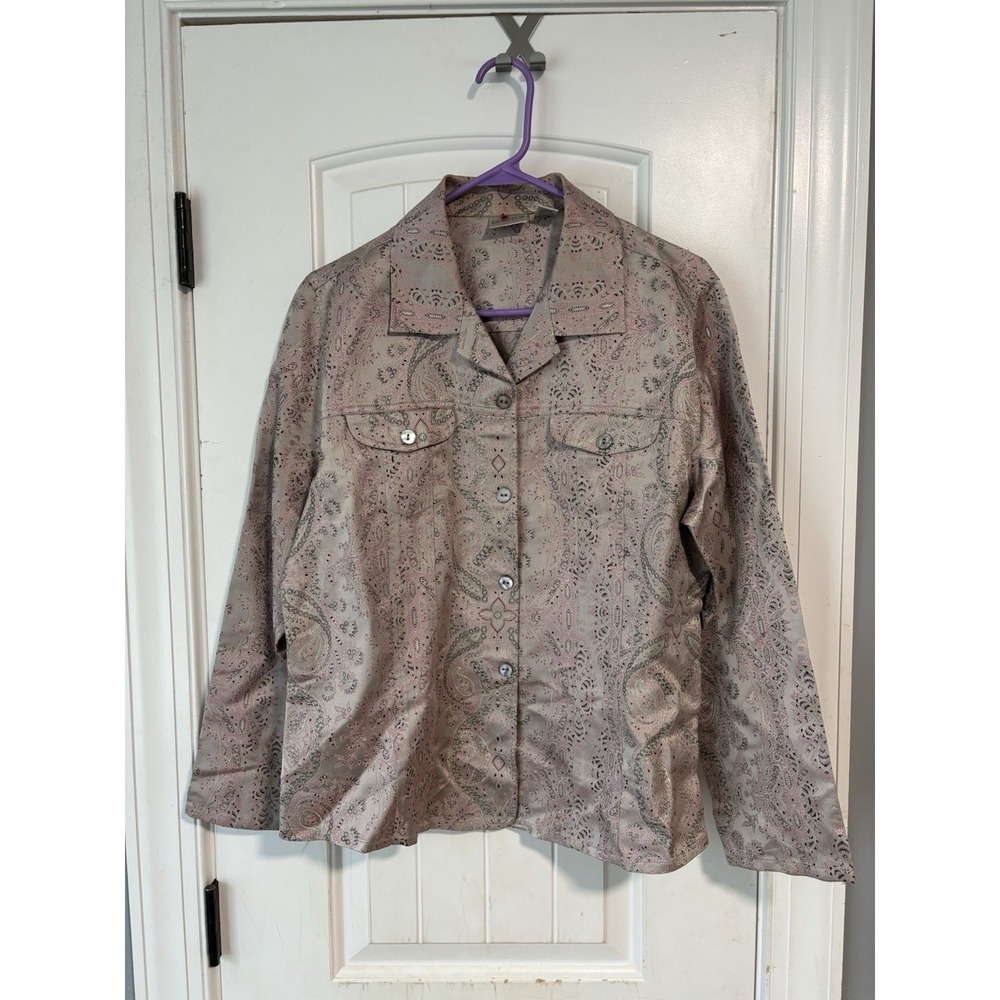 Chico's Women's Size 2,‎ Silk Blend Paisley Jacket Silvery Taupe Pink